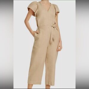 Rebecca Minkoff Zina Linen jumpsuit Small Puff Sleeves Tan V neck Crop Feminine